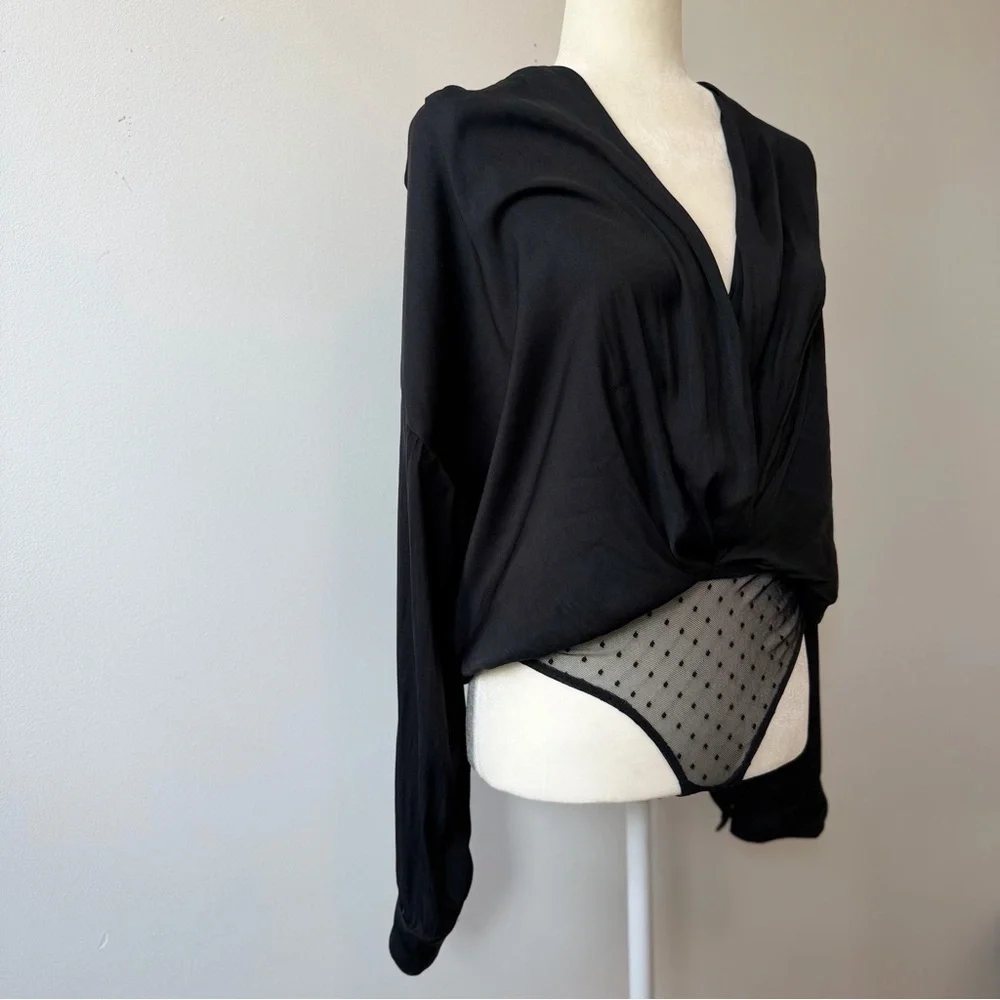 Free People Ladylike Lady Plunge Surplice Bodysuit – Black – Size M